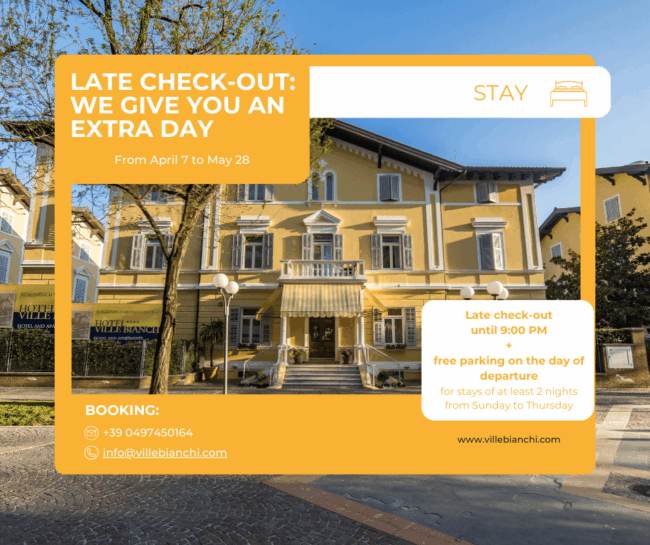 Hotel Ville Bianchi in Grado with late check-out offer: stay at least 2 nights and stay until 9 p.m. with free parking on the day of departure