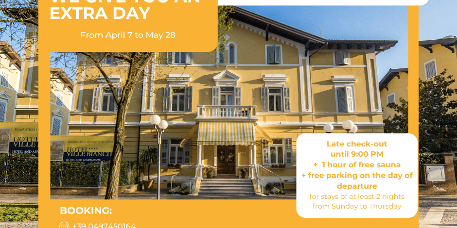 Hotel Ville Bianchi in Grado with late check-out offer: stay at least 2 nights and stay until 9:00 p.m. with free parking