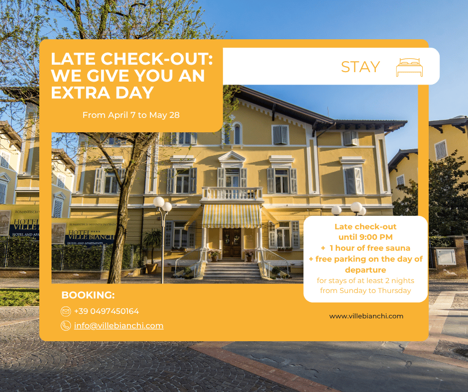 Hotel Ville Bianchi in Grado with late check-out offer: stay at least 2 nights and stay until 9:00 p.m. with free parking